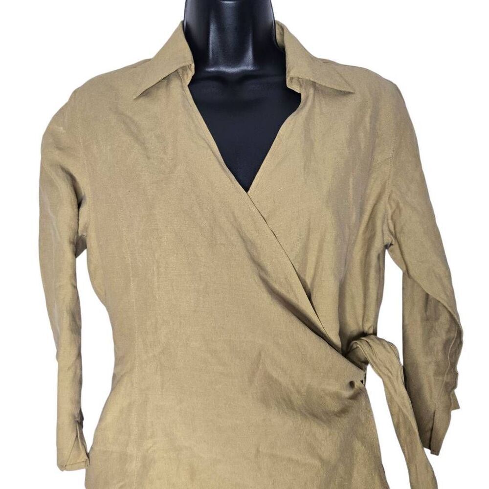 Anne Carson Blouse Size Small Silk Linen Cross Side Tie Collard - Picture 2 of 6